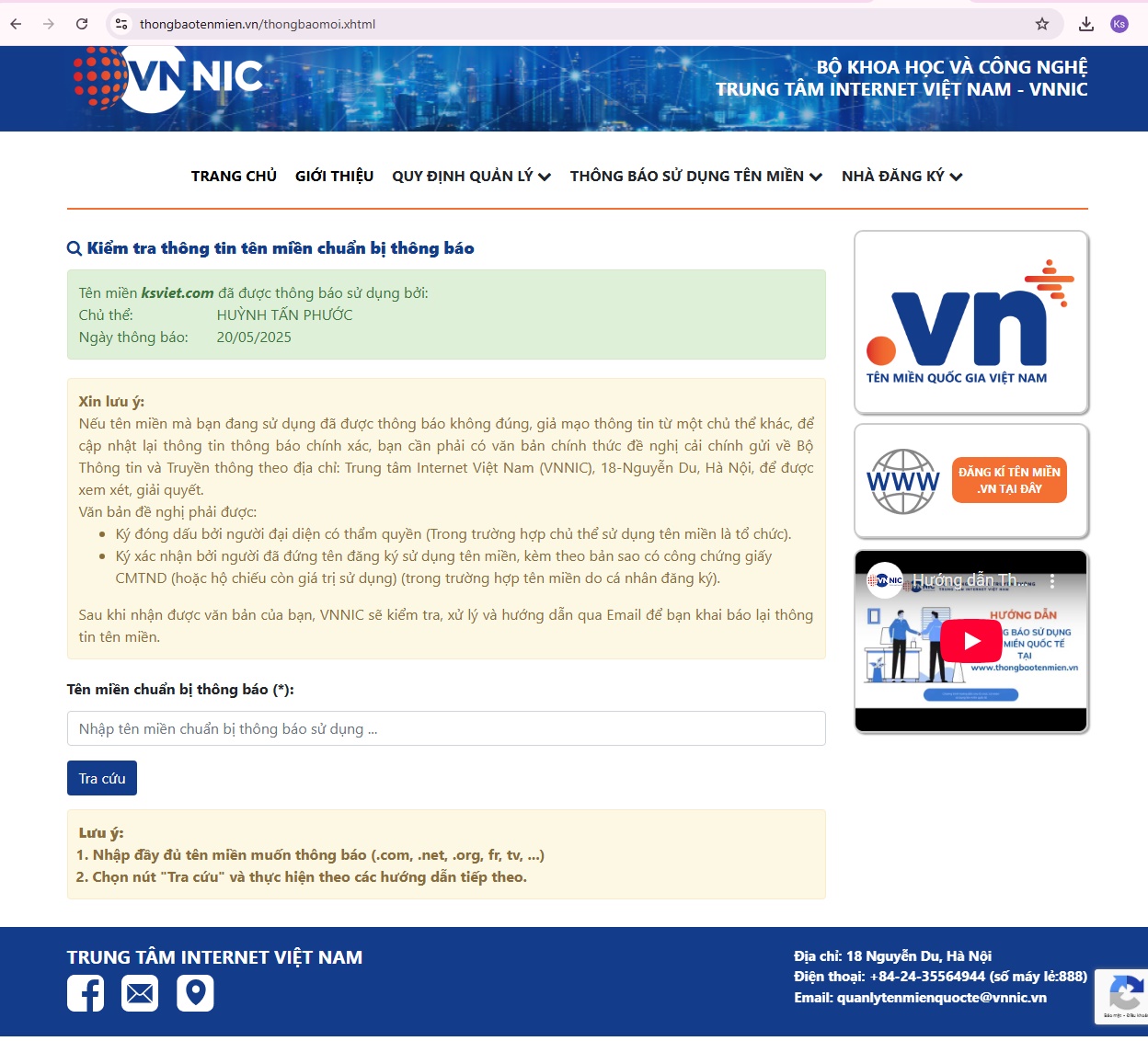 thông báo sử dụng tên miền ksviet.com