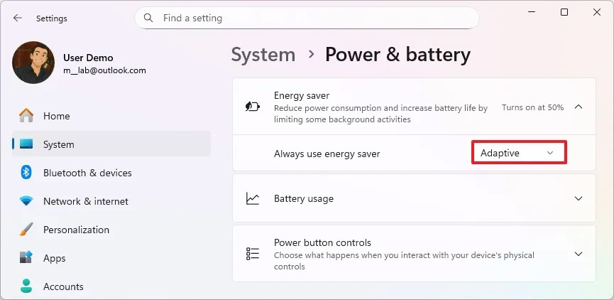 Adaptive Energy Saver Windows 11 tiết kiệm Pin